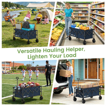 Collapsible Wagon Cart, 330LBS Heavy Duty Folding Cart with Wheels 360° Rotation, Built-in Brakes, Flexible Handle, Portable Utility Wagon for Grocery Sports Garden Shopping Camping, Blue