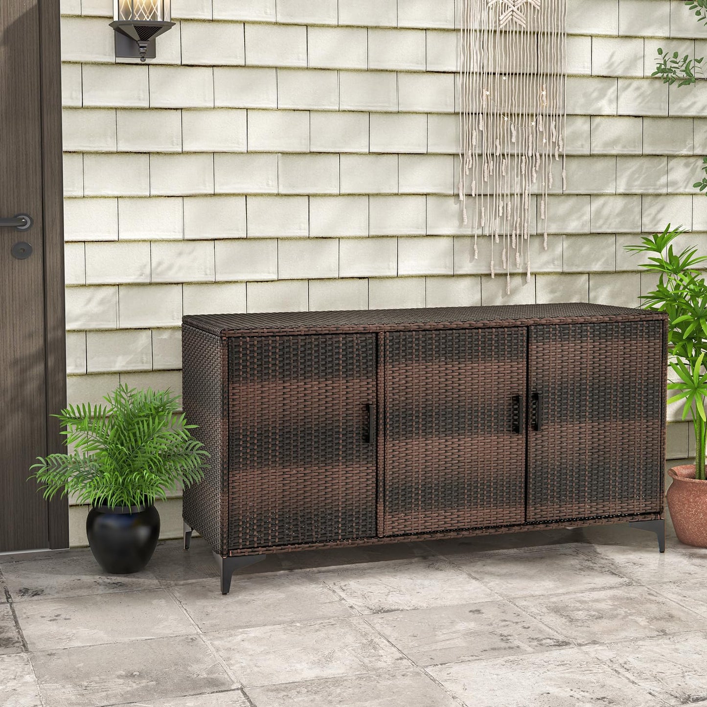 Giantex 84-Gallon Wicker Deck Box - Patio Storage Cabinet, 3-Door PE Rattan Storage Container with Removable Shelves, Indoor & Outdoor Package Box for Porch, Patio Furniture Cushions Tools (Brown)