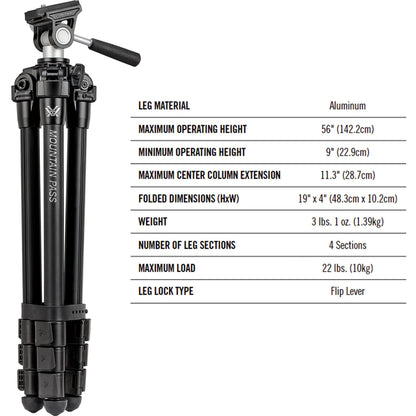 Vortex Optics Mountain Pass Tripod Kit - 2-Way Pan Head, 22 lb Max Load, Arca-Swiss Head Mount - Unlimited, Unconditional Warranty