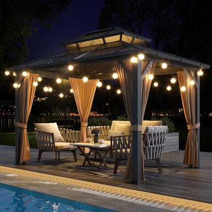 10x13 Hardtop Gazebo, Double Galvanized Steel Roof Outdoor Gazebo with Aluminum Frame, Curtains and Netting Included for Patio, Backyard, Garden Parties