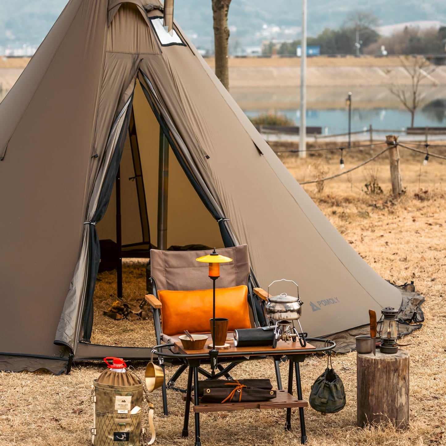 POMOLY Tipi Tent Camping Hot Tent, Circle 2 Portable Pyramid Wood Stove Tents for 2 Person Hiking, Hunting, Backpacking (Circular Braces)