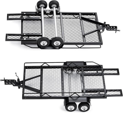 RC Trailer for Hauling Behind Car - Metal Hitch Mount Trailer with 4 Tires Heavy Duty Truck and RC Rock Cars Trailer for 1/18 RC Crawler TRX4M Defender Bronco K10 High Trail F150