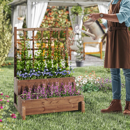 Giantex Raised Garden Bed with Legs and Trellis, 2-Tier Standing Planter Box with Drain Holes, Outdoor Elevated Garden Trellis for Vine Climbing, Flower Vegetable Fruit Herb Growing, Rustic Brown