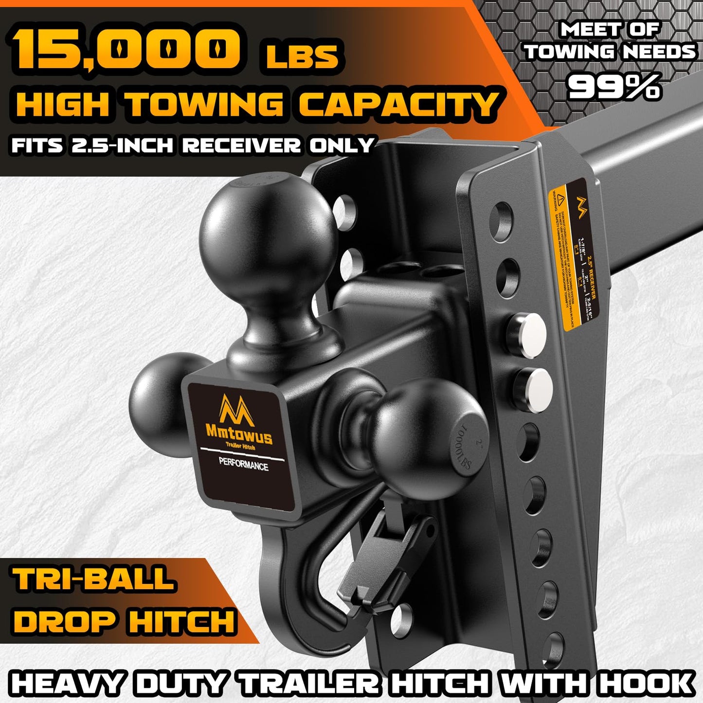 Mmtowus Adjustable Trailer Hitch - Drop Hitch -Tri Ball Mount w/Hook (1-7/8'', 2''&2-5/16''), Fits 2.5-Inch Receiver, 8'' Drop/Rise 15,000 LBS GTW Tow Hitch, 3 Ball Hitches for Trucks, RV, Camper etc