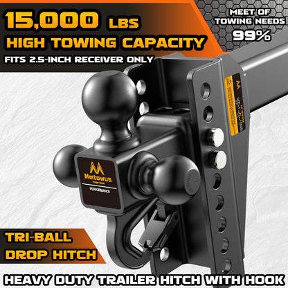 Mmtowus Adjustable Trailer Hitch - Drop Hitch -Tri Ball Mount w/Hook (1-7/8'', 2''&2-5/16''), Fits 2.5-Inch Receiver, 8'' Drop/Rise 15,000 LBS GTW Tow Hitch, 3 Ball Hitches for Trucks, RV, Camper etc