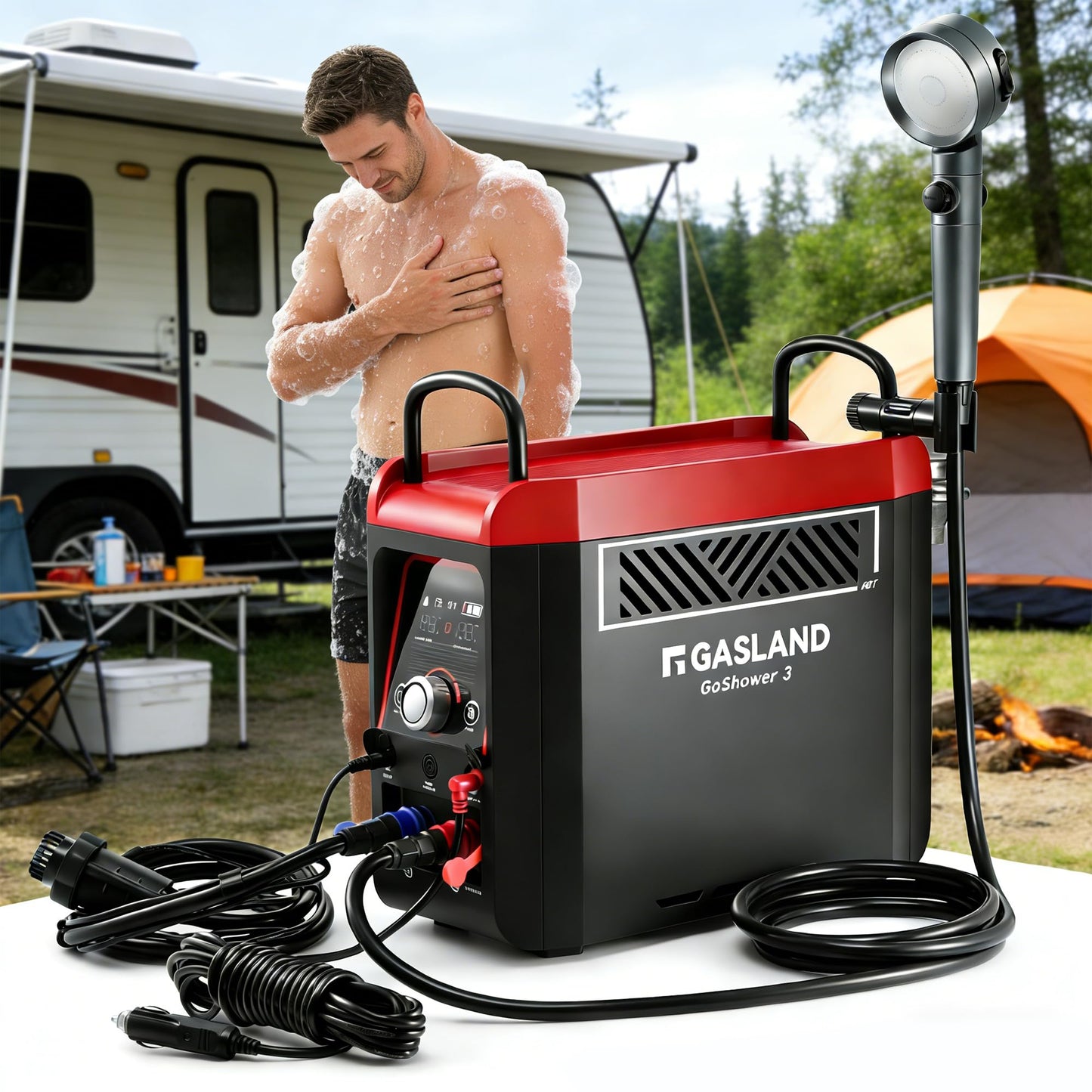 GASLAND Goshower G3Pro 1lb Propane Portbale Water Heater with Pump | 4000mAh Rechargeable Battery | MAX 100mins Shower Time | Outdoor Propane Camping Shower Heater | Overheating Protection