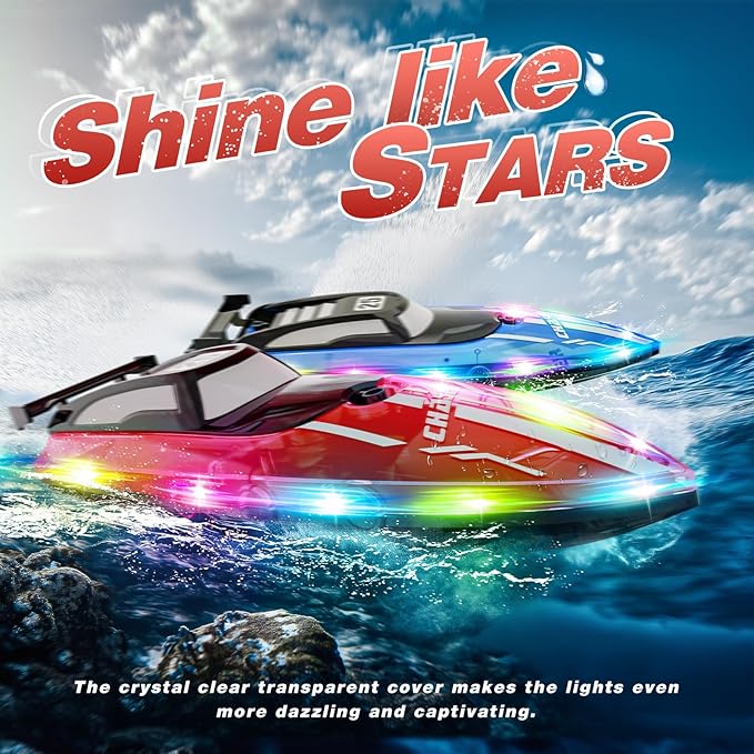RC Boat for Kids with LED Lights 2.4Ghz Remote Control Racing Boats for 8-12Toy Water Boat for Pools &amp Lakes with WaterproofRechargeable Battery for Boys Girls RED