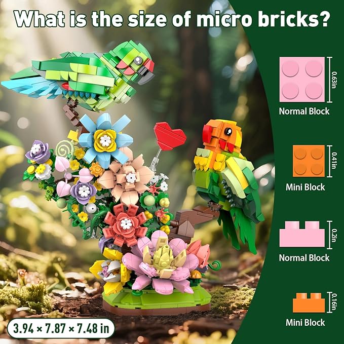 Flowers &amp Love Bird Building Set for Adults Flower Parrot Botanicals Decor Model Kit with LED Animal Toys Gifts Ideas for Adults and Teens Age 14+ (1050 PCS)