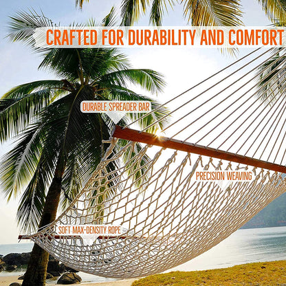 Castaway Living 13 ft. Double Traditional Hand Woven Oatmeal Cotton Rope Hammock – 2-Person, 450 lb Capacity, Free Extension Chains & Tree Hooks, Designed in The USA