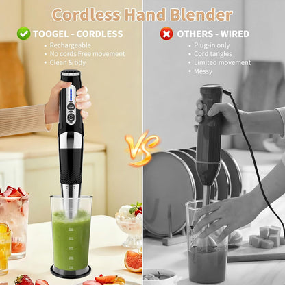 Toogel Cordless Immersion Blender - 4-in-1 Electric Hand Blender with 21-Speed & USB Rechargeable | BPA-Free & Dishwasher Safe (Black)