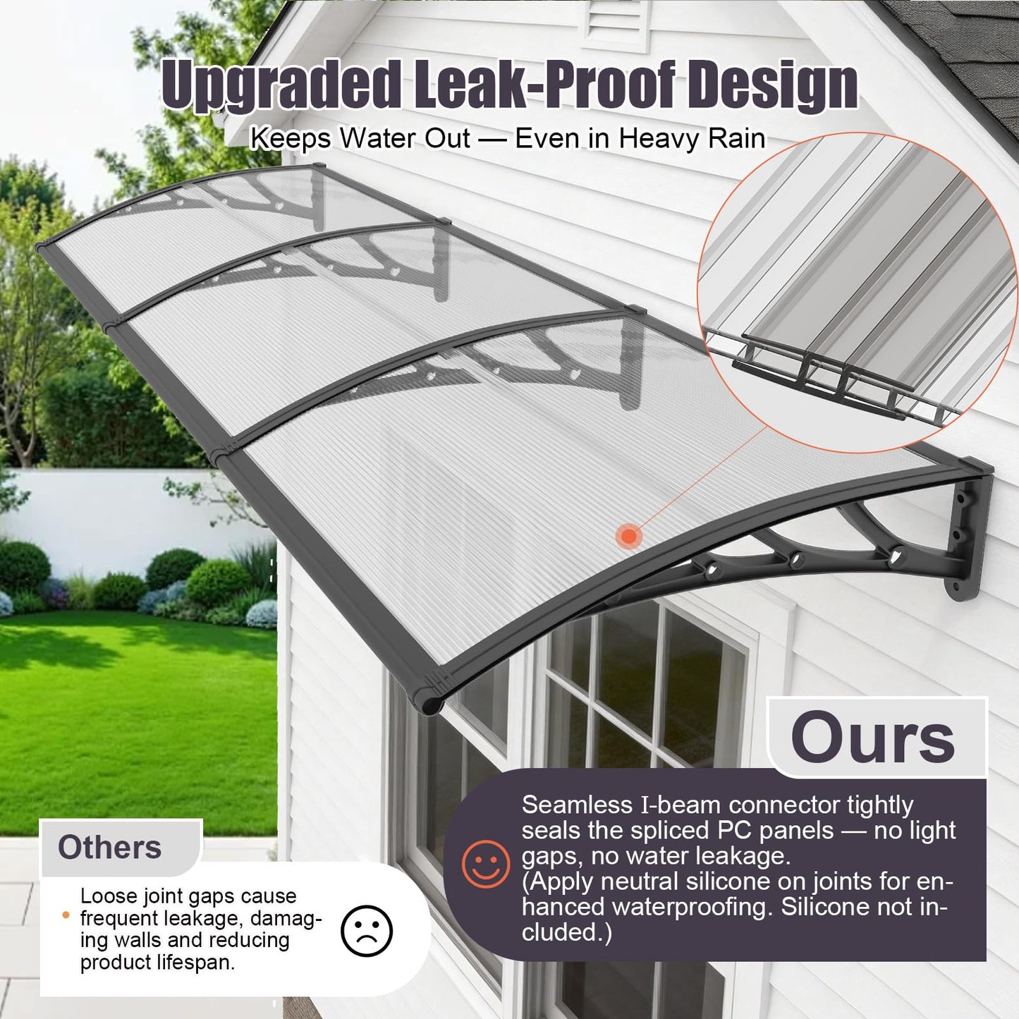40x60 Inch Window Door Awning Exterior,Polycarbonate Outdoor Overhang Canopy Shelter,UPF 50+ UV Rain Snow Sun Protection,Spliced Overdoor Awnings for Outside,Porch,Patio,Deck,House Entrance