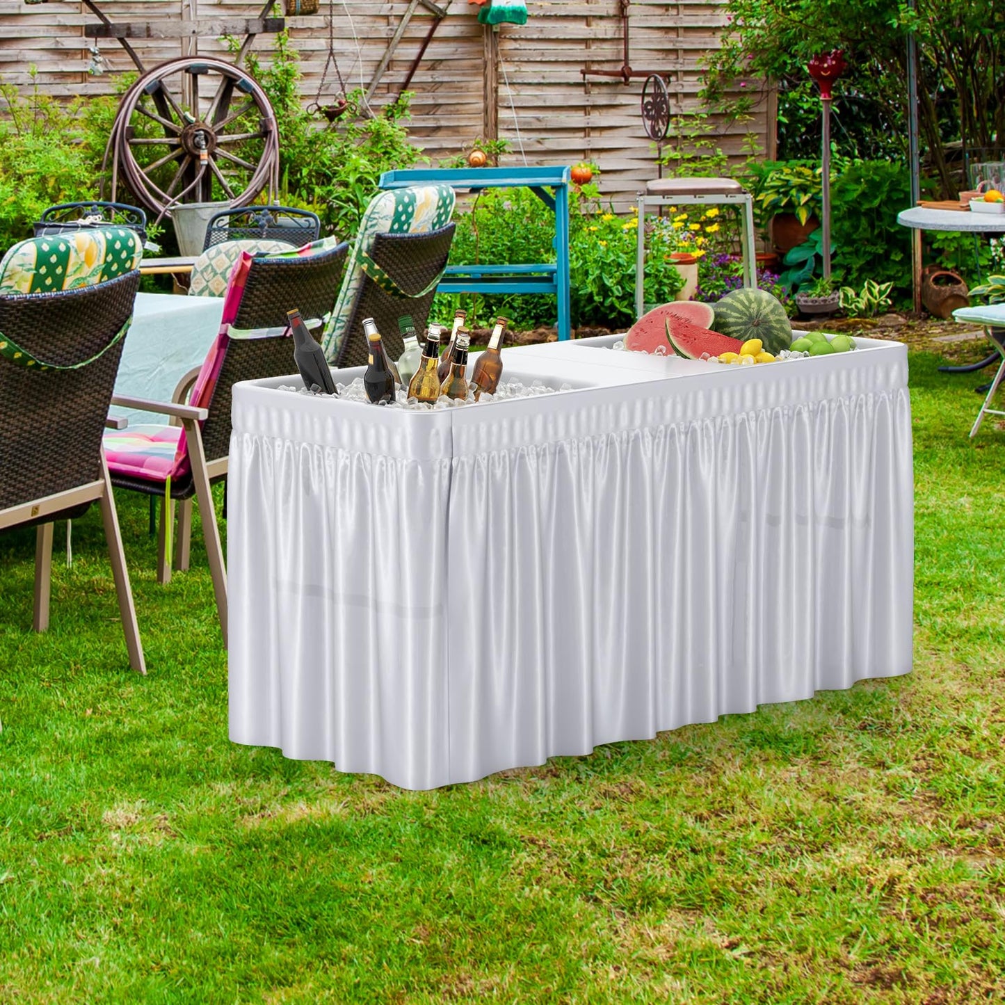 Giantex 5 FT Folding Ice Table with Double Sinks and Drains, Portable Ice Cooler Table with Removable Skirt, No Assembly, Foldable in Half, Fill and Chill Stand for Party Camping BBQ Wedding, White