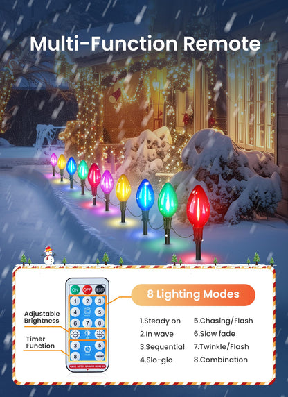 Minetom Solar C9 Christmas Pathway Lights - 20 LED, 8 Modes, Timer, 32FT, 2 Pack, Multicolor