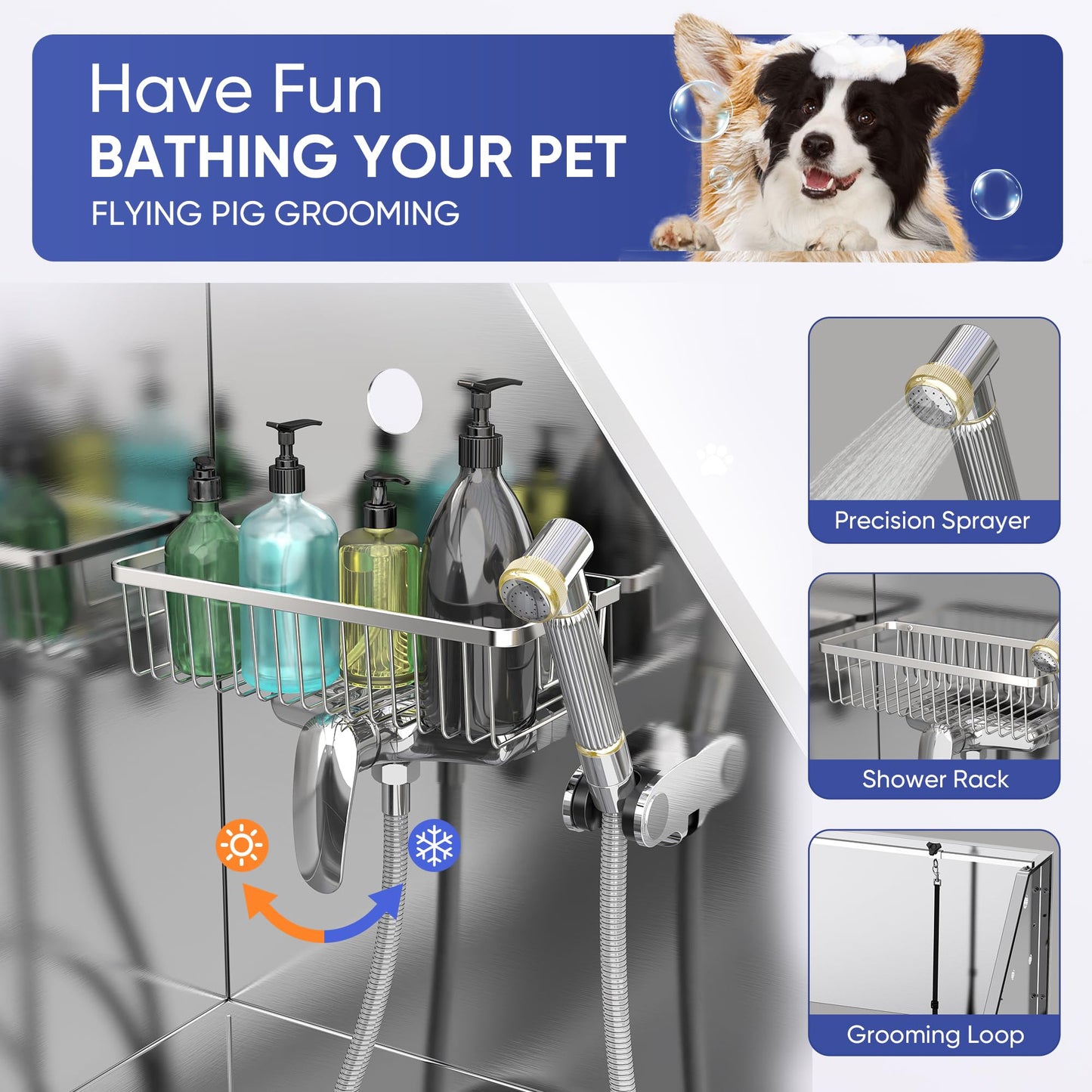 Flying Pig 50" Stainless Steel Pet Dog Grooming Bath Tub with Walk-in Ramp & Accessories (Right Door/Left Drain)