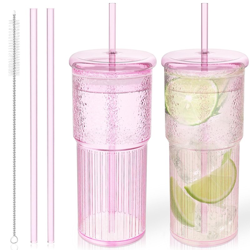 Luiaiog Glass Cups with Lids and Glass Straws, High Borosilicate 20OZ Pink Tumblers (2Pcs) for Coffee, Tea, Juice, Smoothies, Hot & Cold Drinks at Home/Office