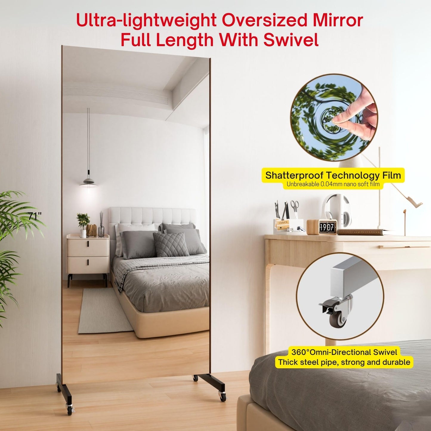 brisafe Home Gym Mirror 360° Swivel on Wheels, 75" X 36" Extra Large Full Body Rolling for Yoga, Nano Film Super Lightweight Unbreakable Full Length Mirror, （Black）
