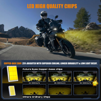 Future Eyes Motorcycle Fog Lights LED Kit, 60W White/Amber Driving Lights with High/Low Beam, CNC Aluminum Waterproof Auxiliary Light, Spot Headlight for Night Riding