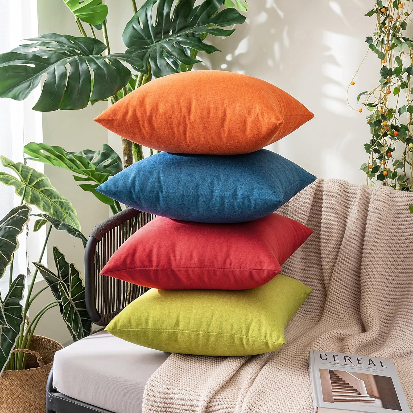 MIULEE Decorative Outdoor Throw Pillow Covers - Waterproof Faux Linen Cushion Cases | 24x24 Inch Red (Pack of 2)