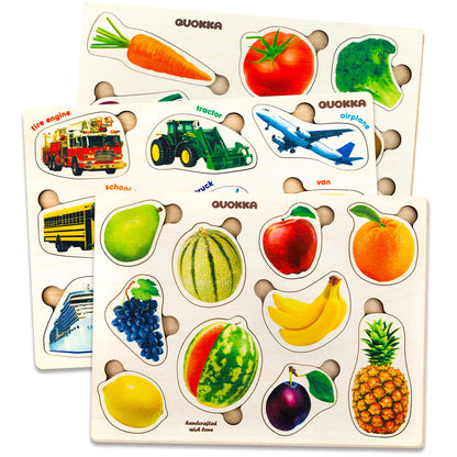 QUOKKA Wooden Puzzles for Toddlers 1-3 – 3xSET Kids Puzzles Ages 2-4 – Montessori Toy Puzzle for Toddlers 3-5 – Wood Toy Learning Realistic Fruits - Cars - Vegetables for Boy and Girl