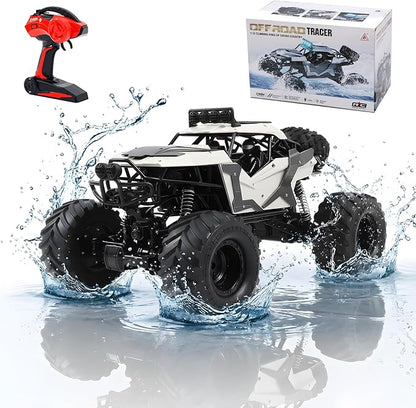 1:8 Large Amphibious RC Car – 4WD Waterproof Monster Truck Drives on Water &amp Land All Terrain Remote Control Truck with LED Lights Toy for Kids 3 Years and Up