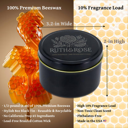 RUTH & ROSE Oakmoss & Amber Scented Candle, 100% Beeswax Candle for Home, 8oz, +65 Hours Burn Time, Aromatherapy Non Toxic Candles, Gift for Women & Men, Made in USA, Perfect for Travel or Gifting