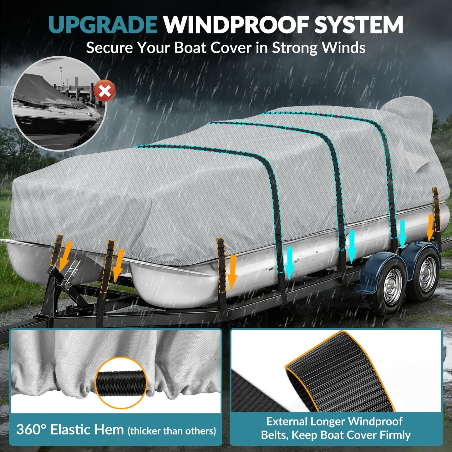 1200D Waterproof Pontoon Boat Cover with Metal Buckles,Solution-Dye Marine Canvas Trailerable Boat Cover 17-20ft for Pontoon Boat with Motor Cover,Gray