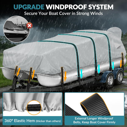 1200D Waterproof Pontoon Boat Cover with Metal Buckles,Solution-Dye Marine Canvas Trailerable Boat Cover 17-20ft for Pontoon Boat with Motor Cover,Gray