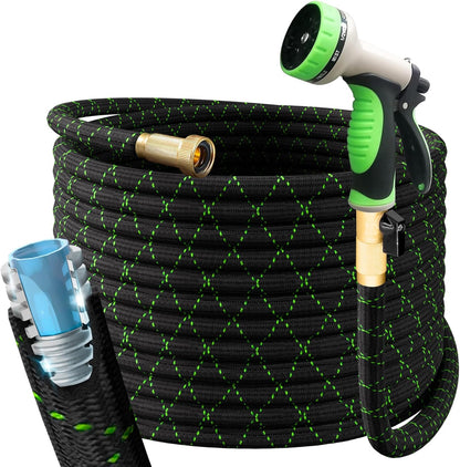 PowerFlow Stainless Steel Garden Hose - 25 Feet Non-Expandable with Durable Fabric Skin & 10-Way Spray Nozzle | Black