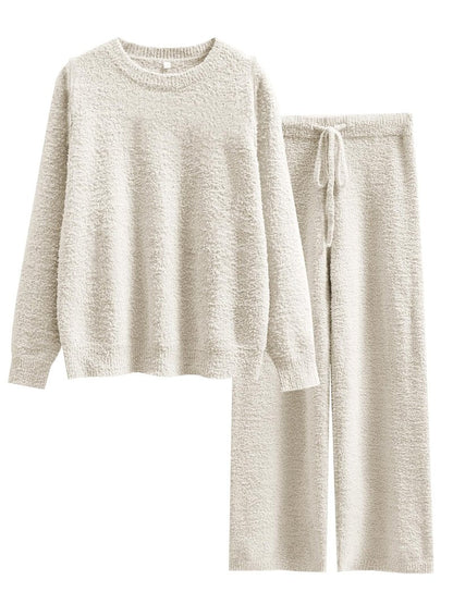 ANRABESS Women's 2 Piece Pajama Sets Long Sleeve Top Wide Leg Pants Fuzzy Fleece Lounge Matching Set 2025 Fall Winter Outfits Beige Medium