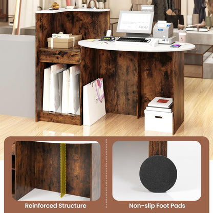 Giantex Reception Desk, Front Counter Desk with Lockable Drawer, Oval Tabletop & Adjustable Shelf, Retail Register Stand, Checkout Table for Office Beauty Salon Reception Room (White & Rustic Brown)