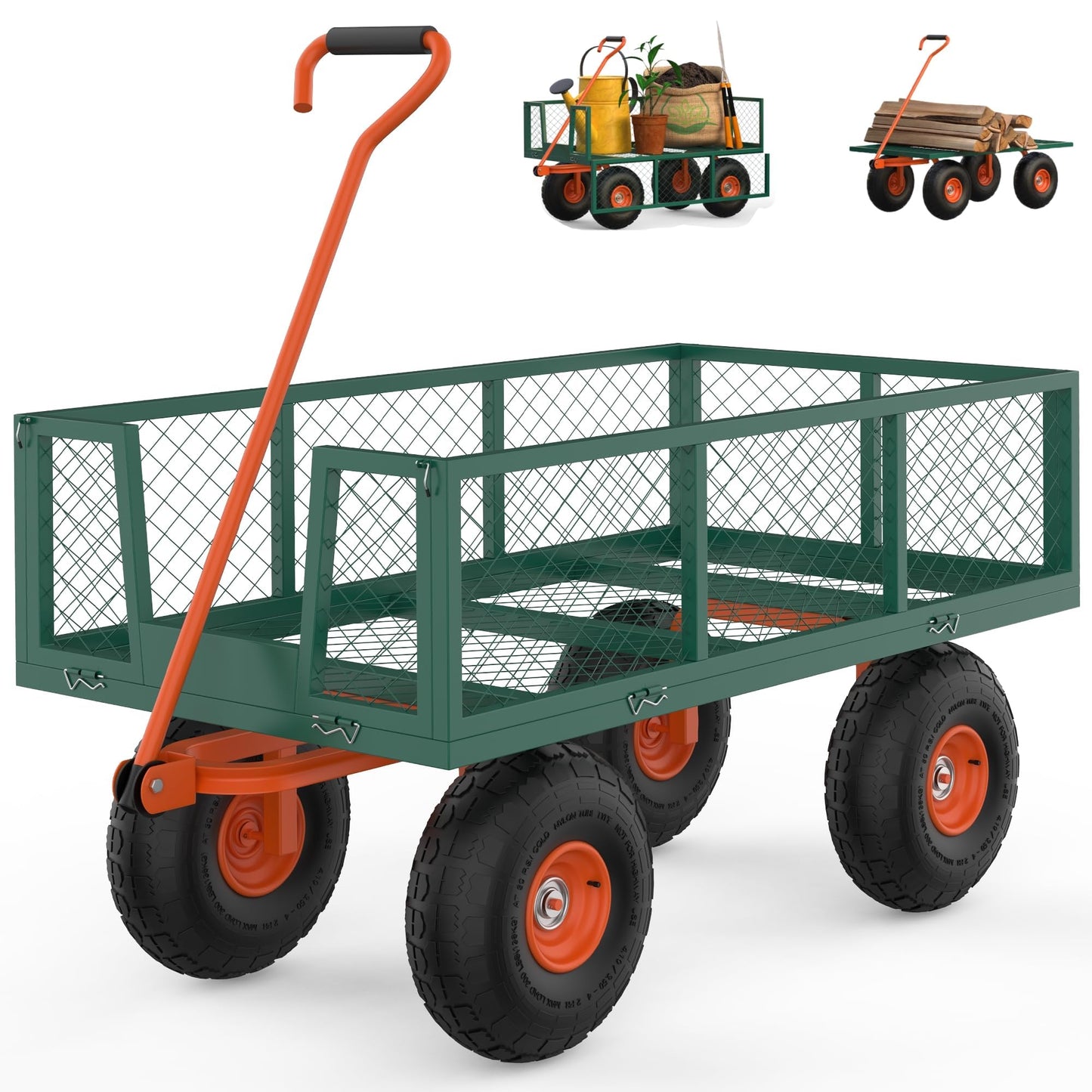 500 LBS Heavy Duty Steel Garden Cart, Metal Utility Yard Wagon with 10" Wheels, 180° Rotating Handle & Removable Mesh Sides for Landscaping, Lawn, Farm, Outdoor Use