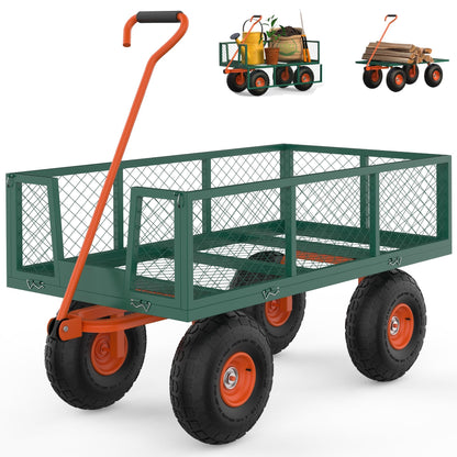 500 LBS Heavy Duty Steel Garden Cart, Metal Utility Yard Wagon with 10" Wheels, 180° Rotating Handle & Removable Mesh Sides for Landscaping, Lawn, Farm, Outdoor Use