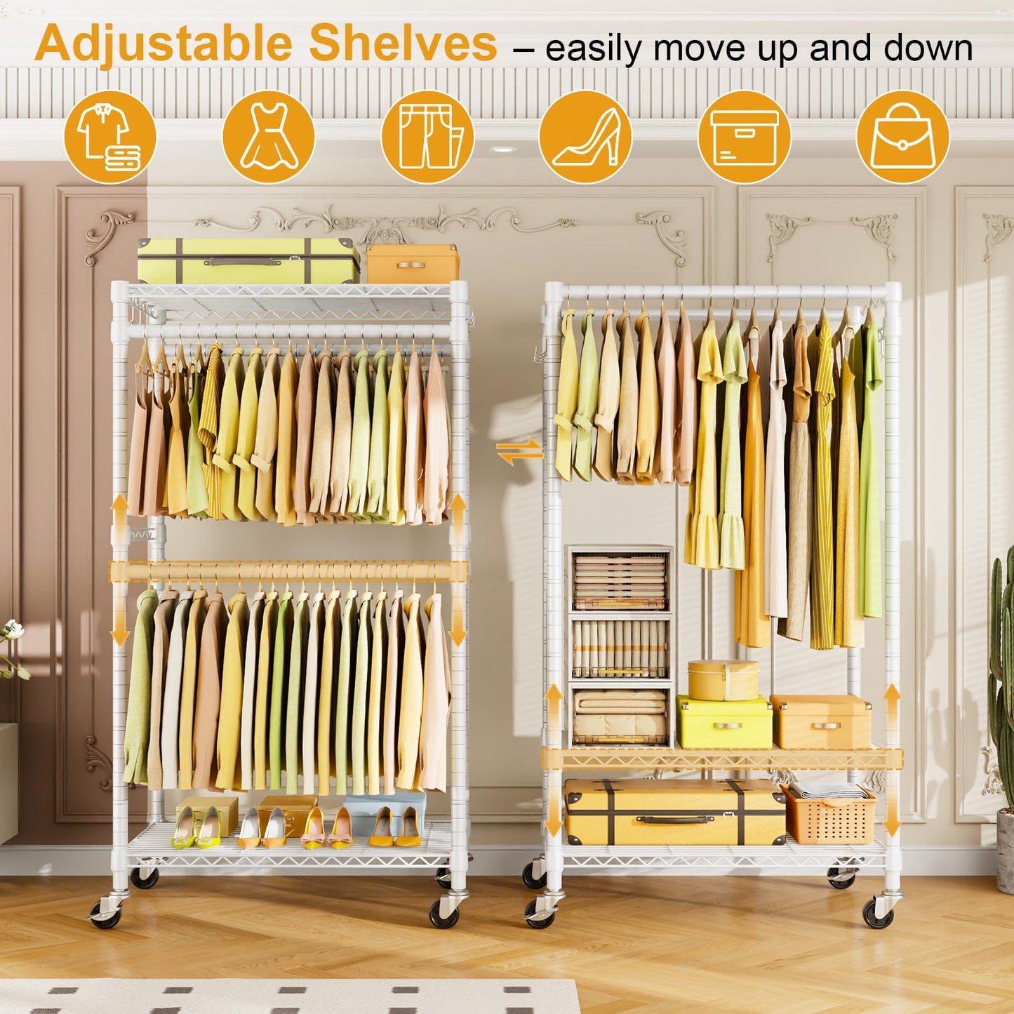 ULIFHOME P4 Rolling Clothes Rack Heavy Duty, Clothing Racks for Hanging Clothes, Freestanding Garment Racks with Wheels, Metal Portable Closet Rack 35.5''W × 20.5''D × 80.5''H, Max Load 560Lbs, White