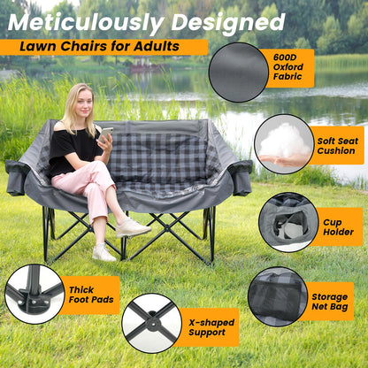 Heated Double Camping Chair with 2 Battery, Padded Camping Couch with 3 Heat Levels and 4 Heating Zones, Oversized Camp Loveseat Support 800lbs for Soccer Games, Tailgating, RV Travel, Beach Days