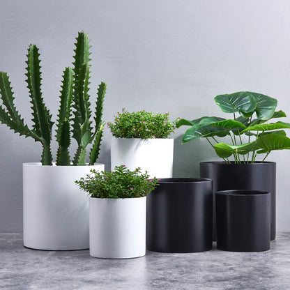 FaithLand 10 Inch Fiberstone Planter - Lightweight Modern Cylinder Plant Pot with Drainage Hole & Plug, Indoor Outdoor Use, Matte White