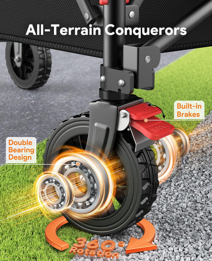 Raynesys Collapsible Foldable Wagons, 440lbs Capacity Wagons Carts Foldable with All-Terrain Wheels, Heavy Duty Utility Wagon Carts with Brakes for Camping, Sports, Shopping, Grocery, Black