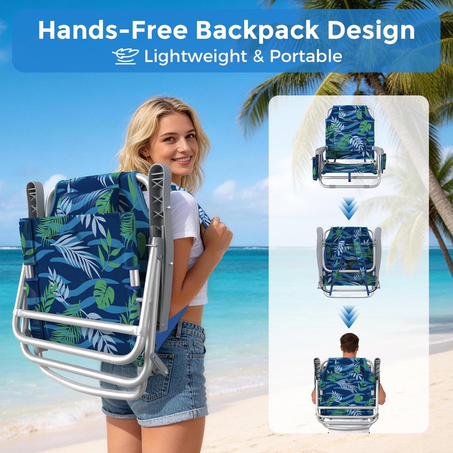 5-Position Backpack Beach Chairs for Adults, Foldable Heavy-Duty Beach Chair with Lumbar,Cooler Bag,Cup Holder,Towel Rack for Beach, Camping, Outdoor(2Pack)