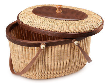 Teng Jin Nantucket Sewing Basket Purse, Containers with Dual Wood Handles .Cane-on-cane weave basket craft basket, with lid with handle