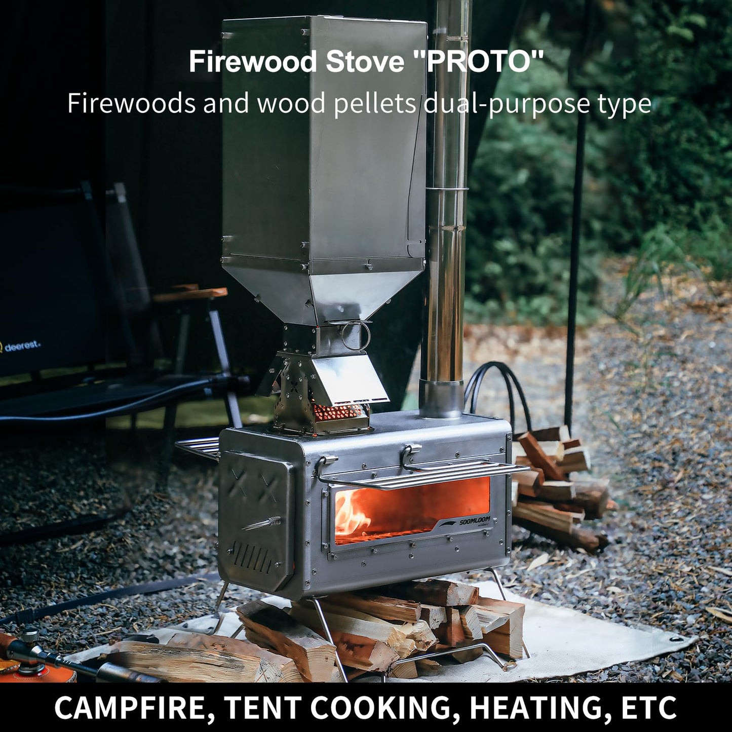 Soomloom Firewood Stove PROTO Dual-purpose Camping Pellets Combi Stove Stainless Steel Compact Tent Cooking Barbecue BBQ Campfire Chimney Portable Camp Outdoor Heating Hybrid Stove