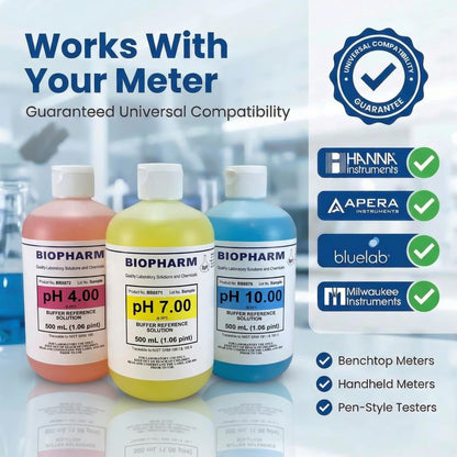pH Buffer Calibration Solution 3-Pack: pH 4.00, pH 7.00, pH 10.00 Buffers — 500 mL (1.06 Pint) Each — Color Coded — NIST Traceable for All pH Meters