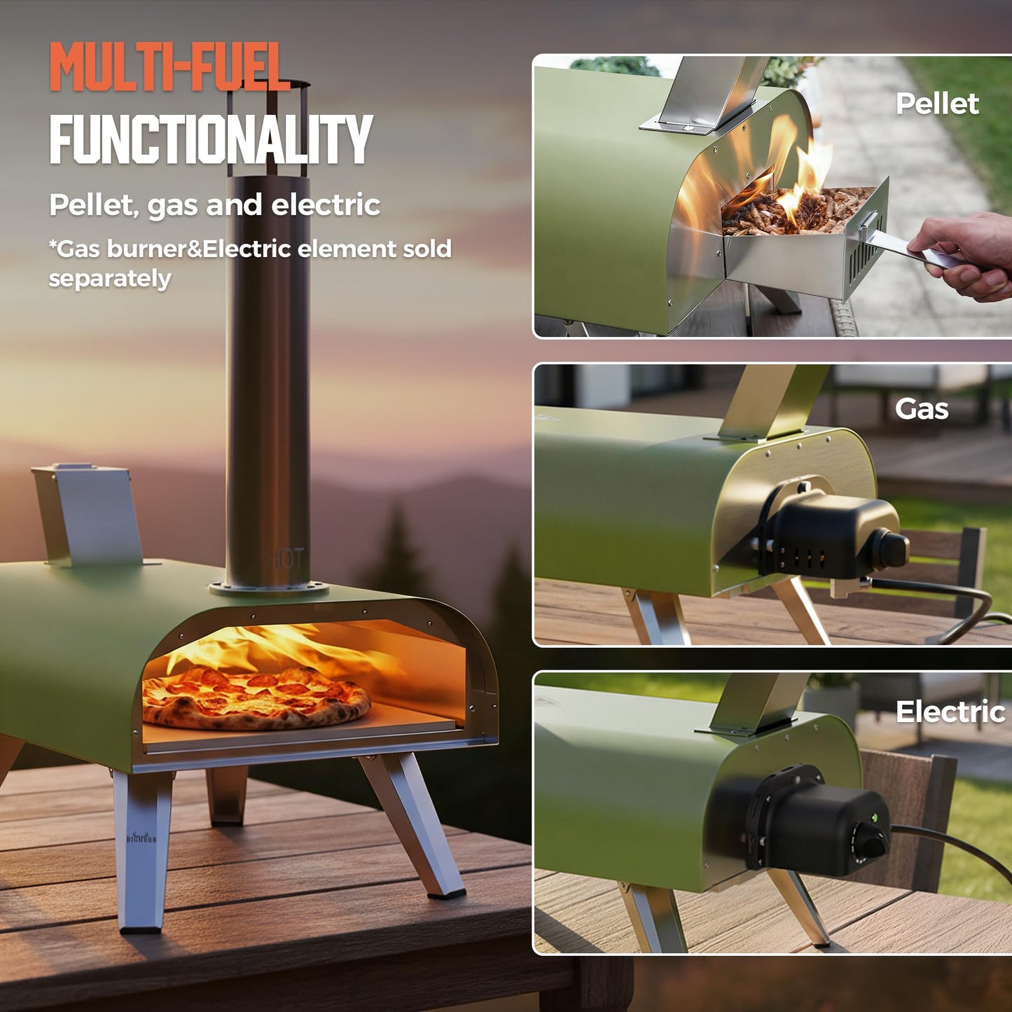 BIG HORN 12" Multi-Fuel Outdoor Pizza Oven Reach up to 1110℉– 3-in-1 Wood,Gas&Electric Compatible (Burners Sold Separately),Pellet Pizza Oven Portable Pizza Maker for Backyard,Camping&Tailgating,Green