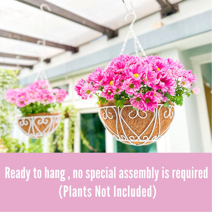 LaLaGreen Hanging Planter for Outdoor (20 Inch, 4 Pack) Large White Metal Wire Hanging Plant Planter with Coco Liner Round Porch Modern Garden Balcony Deck Country Decor Flower Pot Holder Hanger