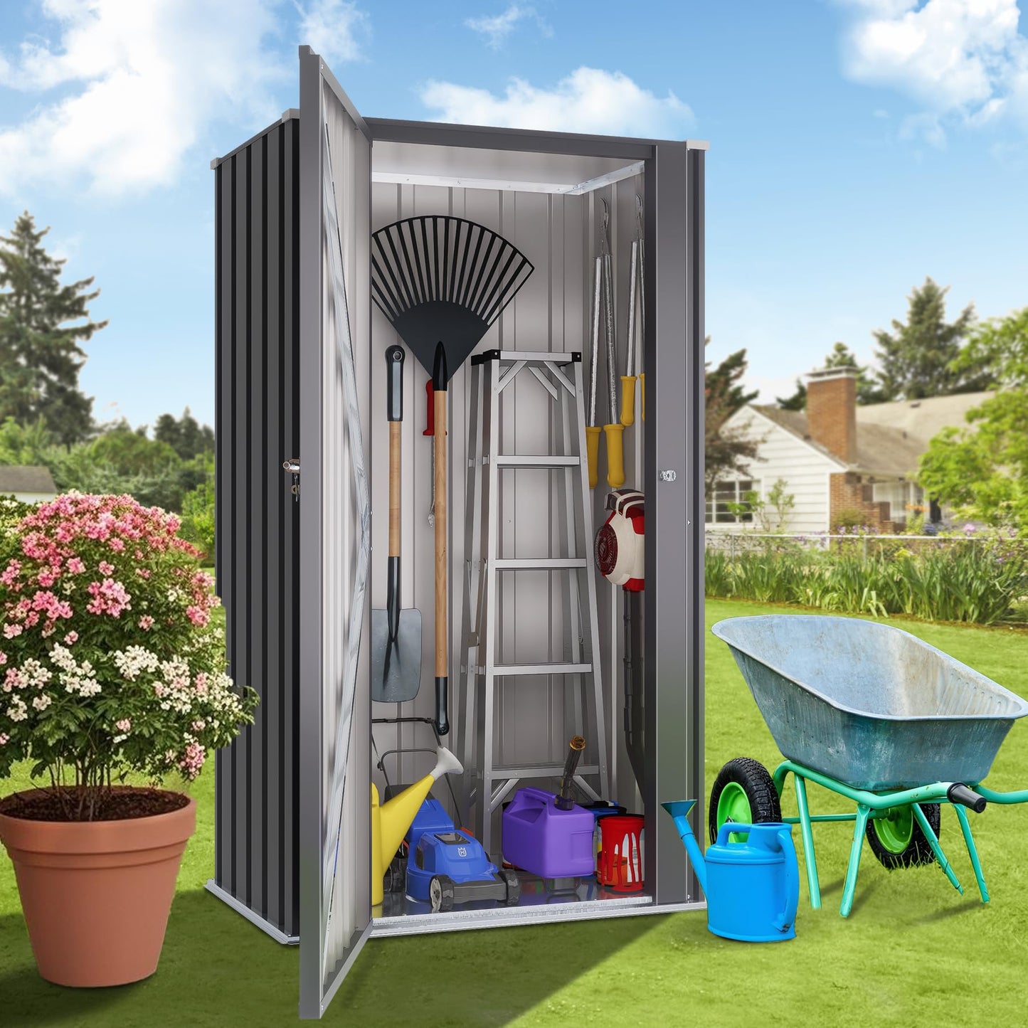Greesum Outdoor Metal Storage Cabinet, 55'' Lockable Tall Shed, Vertical Tool Organizer Without Shelves for Garage, Patio, Backyard, Home & Lawn, Black