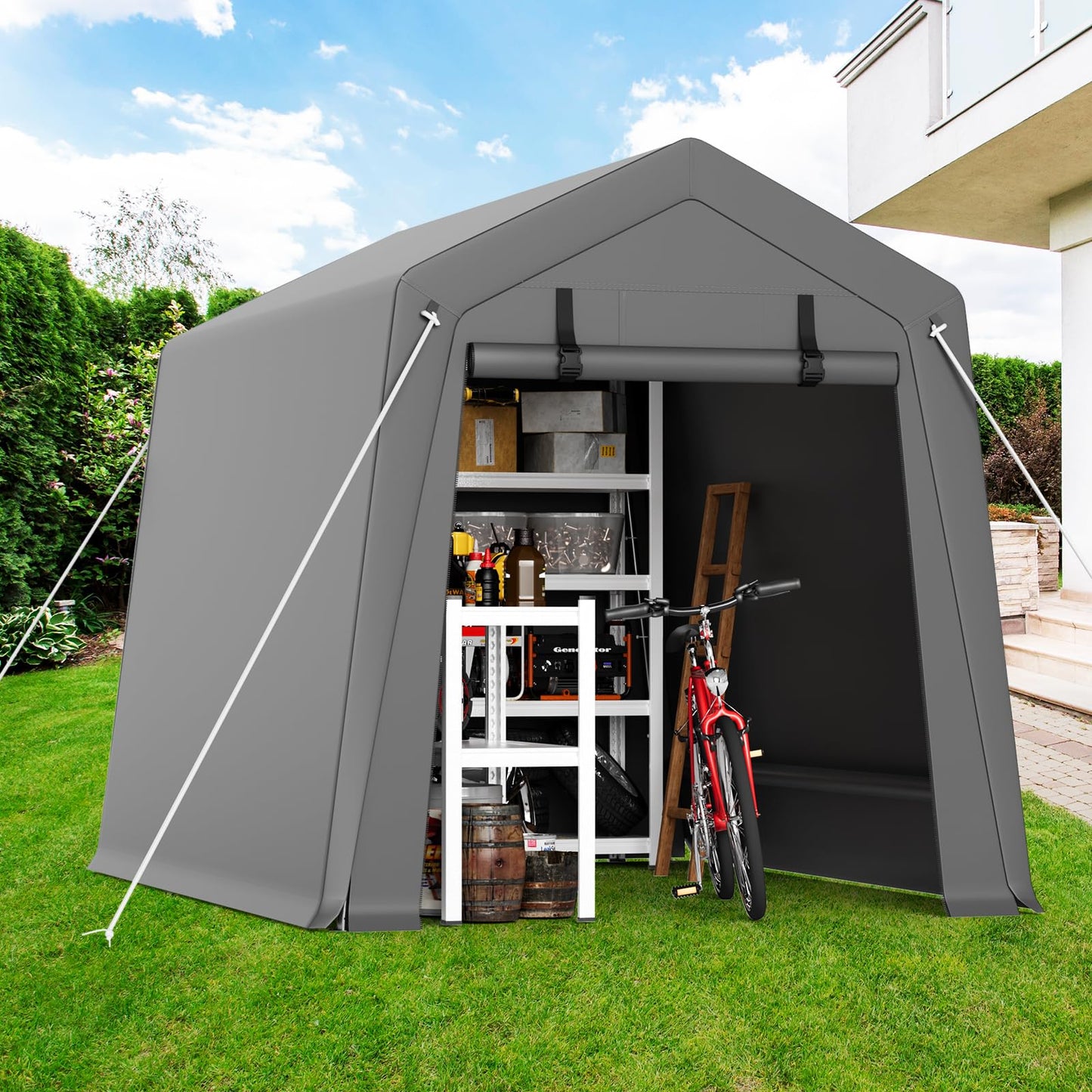 Portable Carport Storage Shed, 6' x 6' Motorcycle Tent, Waterproof & UV-Resistant with Roll-Up Zipper Doors, Gray Outdoor Shelter for Bikes, Tools & Equipment