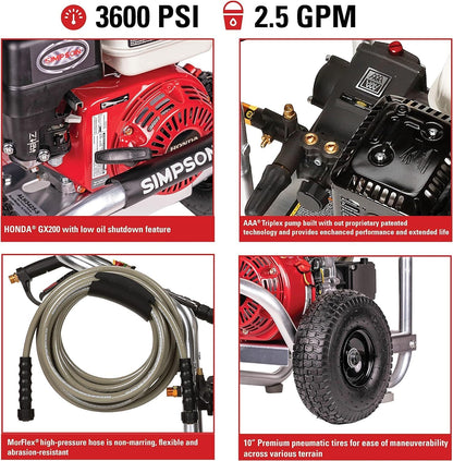 Simpson 3600 PSI Gas Pressure Washer - 2.5 GPM Commercial Power with Honda GX200 Engine & 35' Hose