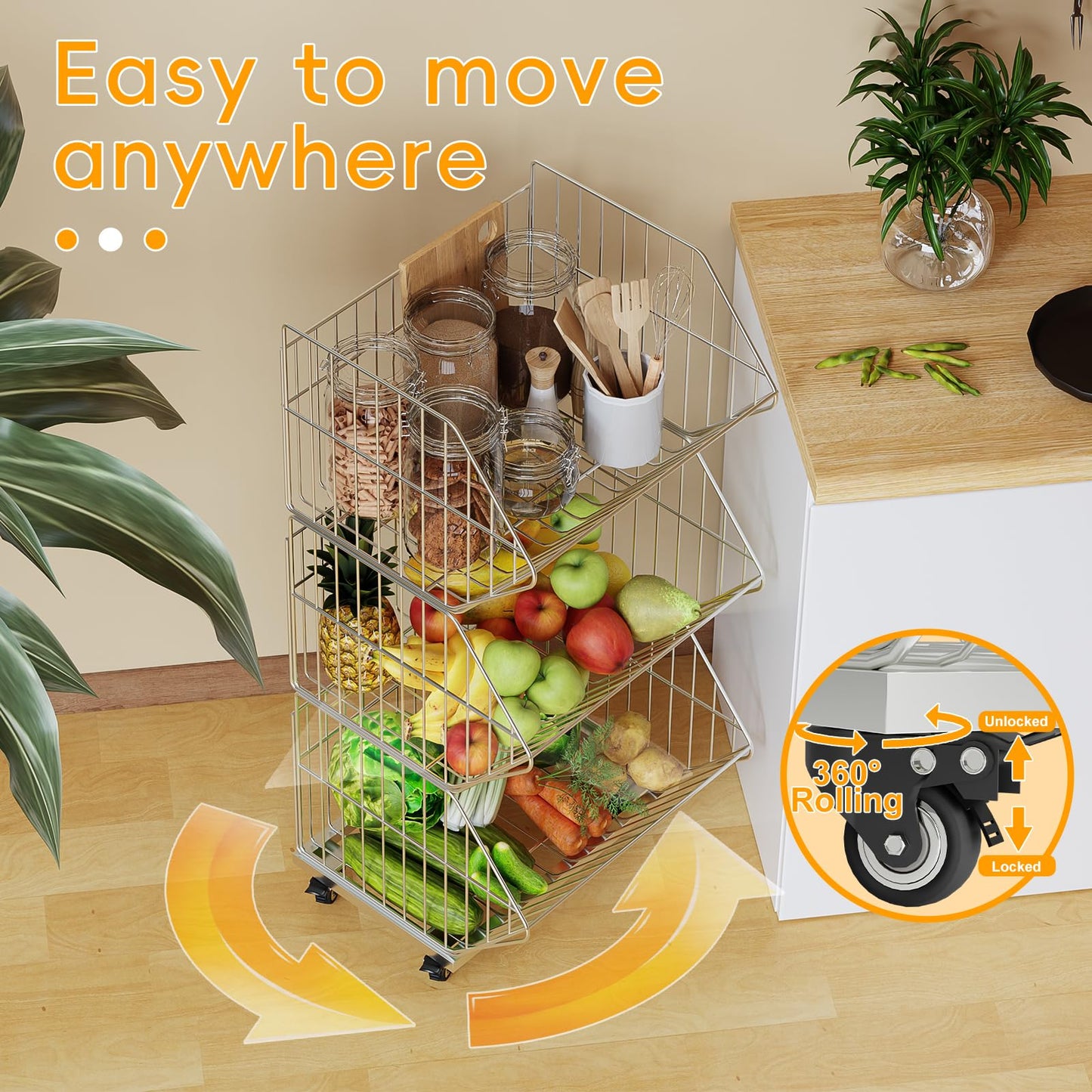 OFEYA HOME Standing Metal Shelving Unit, Removable Wire Storage Basket with Wheels, Folding Shoe Racks, Clothing Sweaters Shoes Handbags Organizer for Kitchen Garage Pantry Porch (4-Tier with Base)