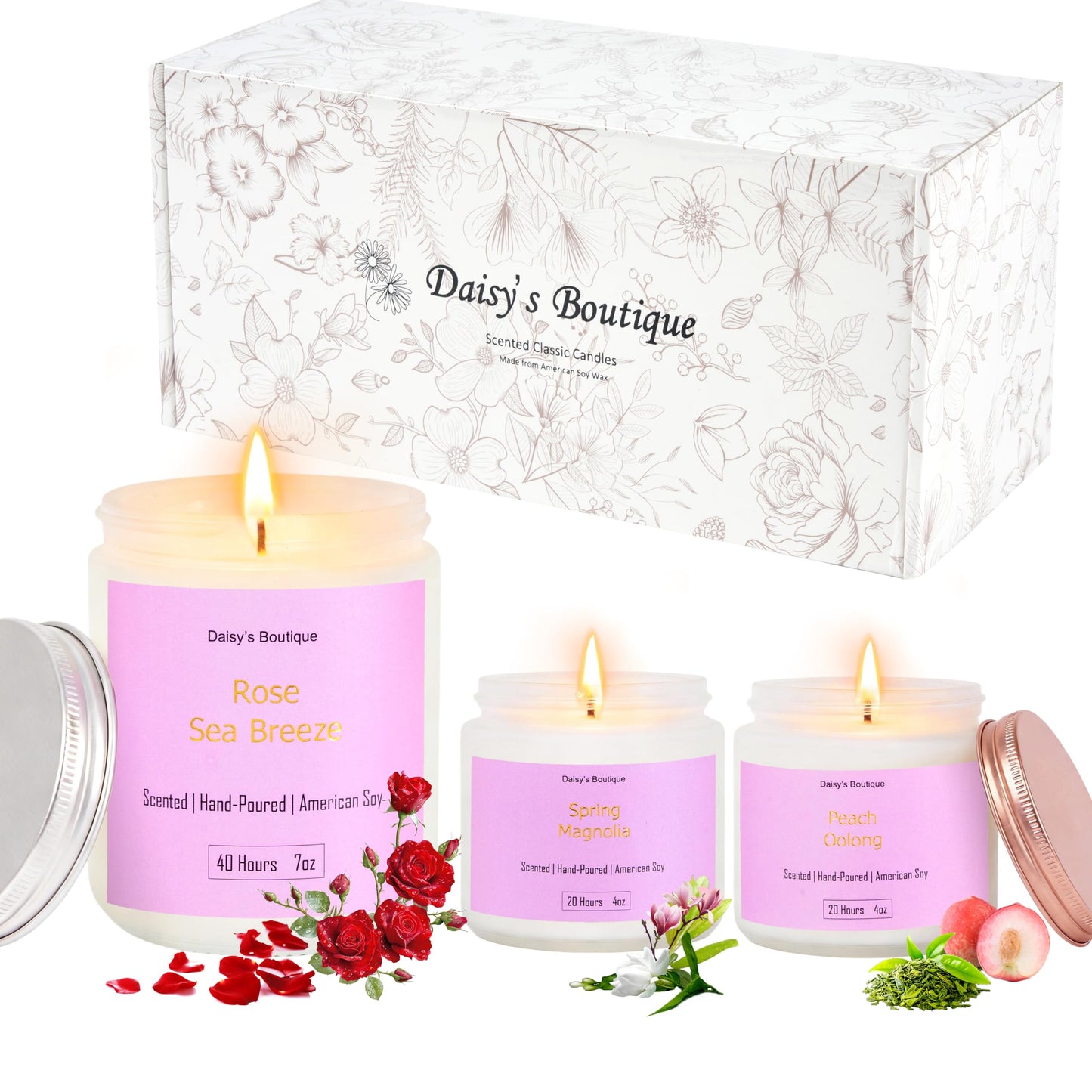 3 Pack Scented Candles for Home Aromatherapy Candle Gift Set Soy Wax Long Lasting Gift Birthday Mother's Thanksgiving Day Present (White Jar (Peach Oolong + Rose + Magnolia)