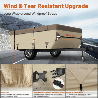Umbrauto Pop Up Camper Cover 16' ~ 18', Heavy-Duty Waterproof Windproof Folding Tent Trailer – 9-Layer Top, 3-Layer Side, Sun-Resistant, Popup Trailer Cover for All-Weather Protection