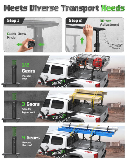 StarONE Heavy Duty Truck Ladder Rack, Adjustable Height Aluminum Truck Bed Rack Fit for Tacoma/Gladiator with Bed Rails, 800 LBS Capacity for Carrying Lumber/Ladders/Kayak