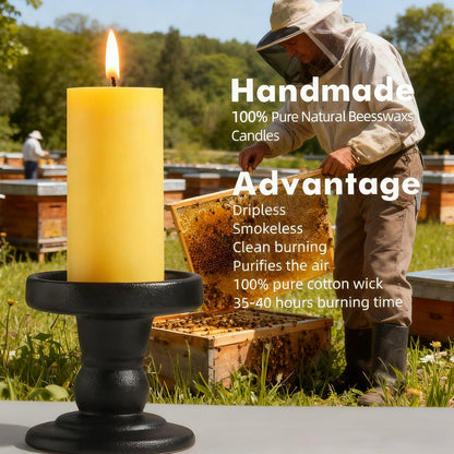 6 Pack Beeswax Pillar Candles for Home, Pure Natural Beeswax Candles Emergency Candle for Home, 210 Hours Organic Unscented Bees Wax Pillar Candle for Prayer, Dripless & Smokeless (2x4in)